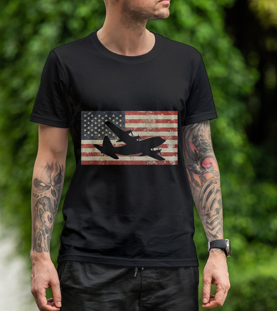 Vintage American Flag C 130 Military Plane Pilot USA Iconic T-Shirt
