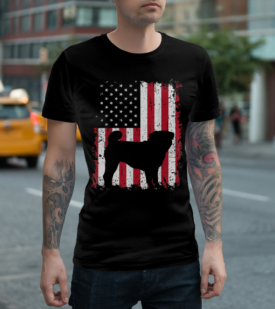 Pug Silhouette With American Flag For 4th Of July Patriotic USA T-Shirt