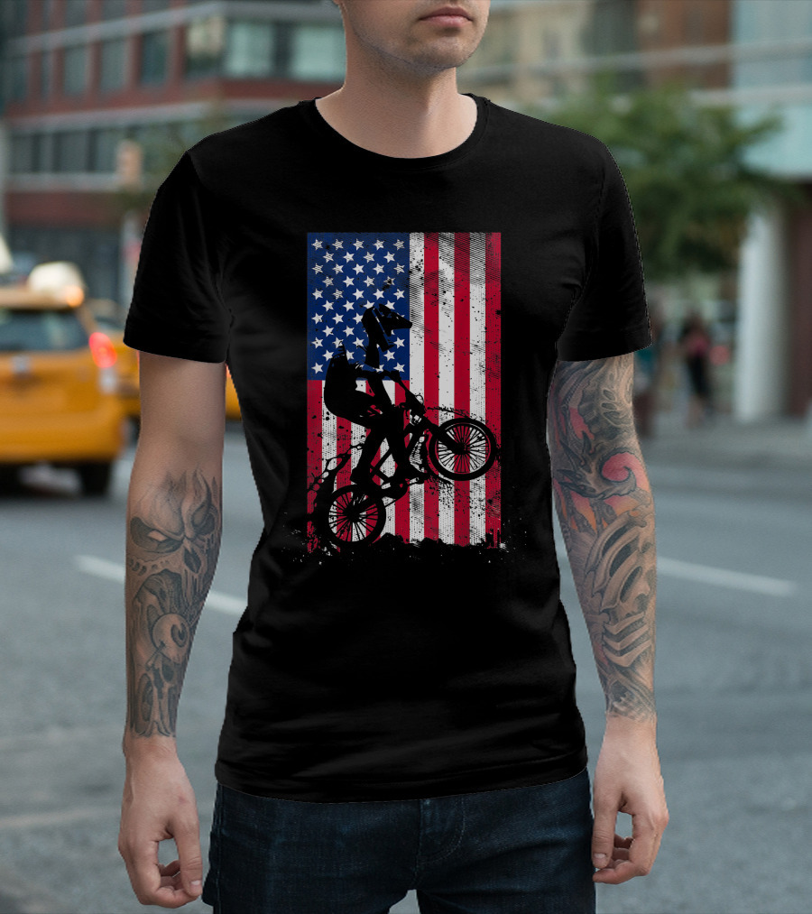 American Flag BMX Racing Extreme Sport Bike Rider Silhouette with Stars and Stripes Background T-Shirt