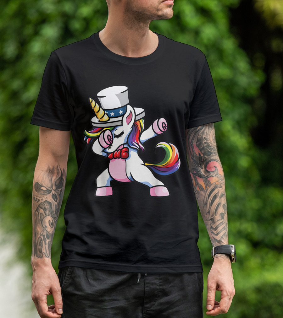 Girls Dabbing American Patriotic Unicorn With Fourth 4th Of July T-Shirt