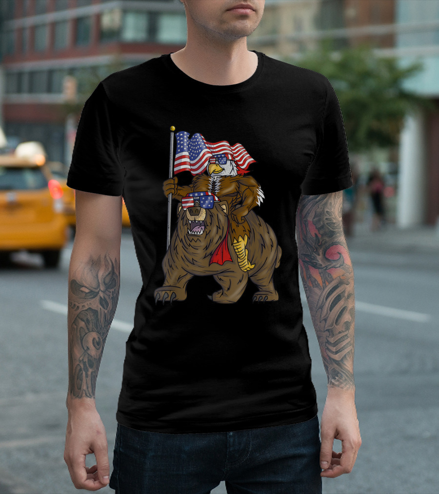 Proud American Bald Eagle Riding Bear with American Flag for 4th of July T-Shirt