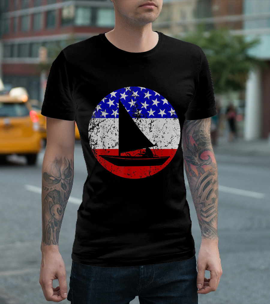 American Flag Vintage Sail Boat Retro Stars And Stripes Nautical T-Shirt
