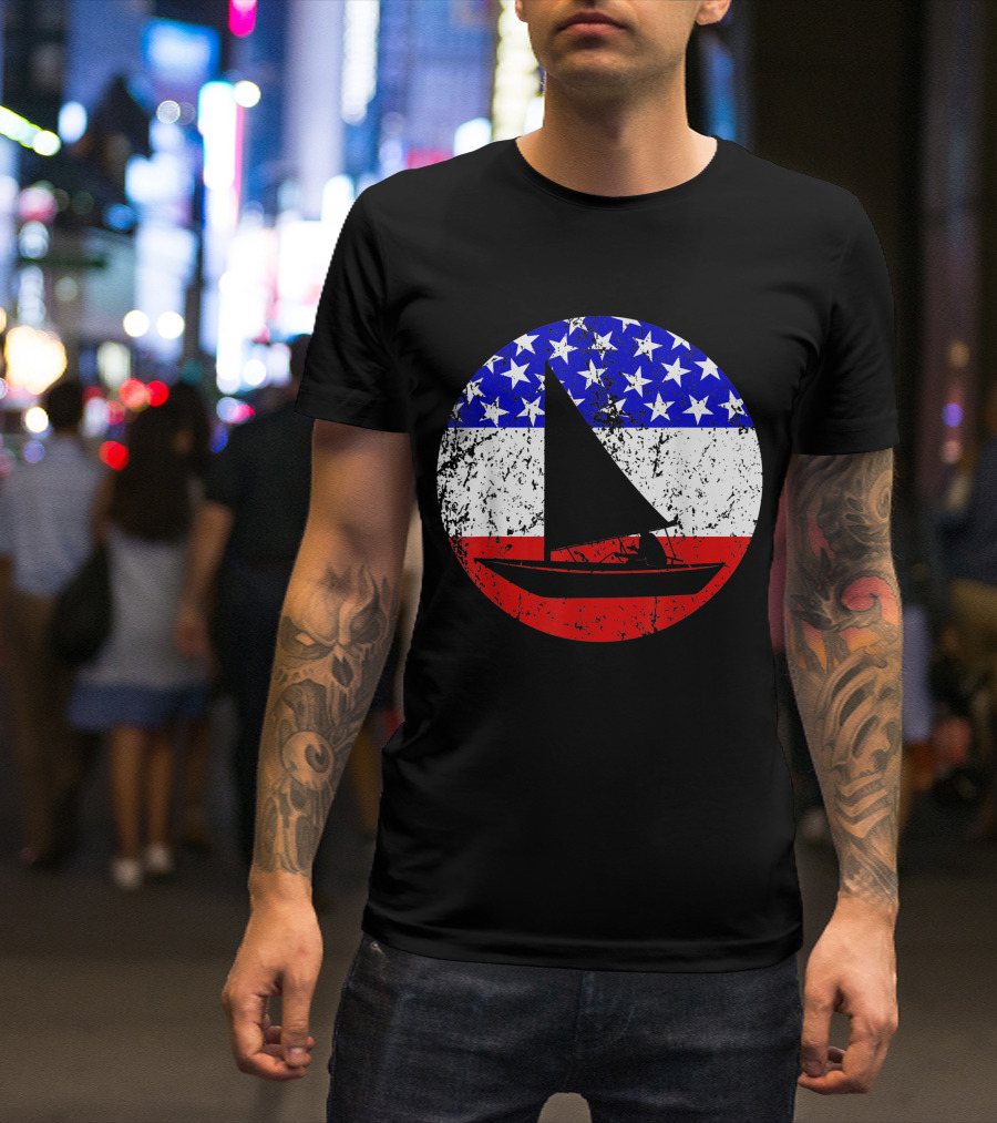 American Flag Vintage Sail Boat Retro Stars And Stripes Nautical T-Shirt