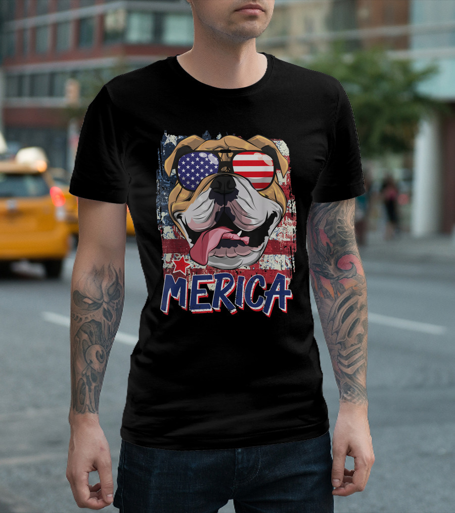 Merica Bulldog American Flag Sunglasses 4th Of July T-Shirt