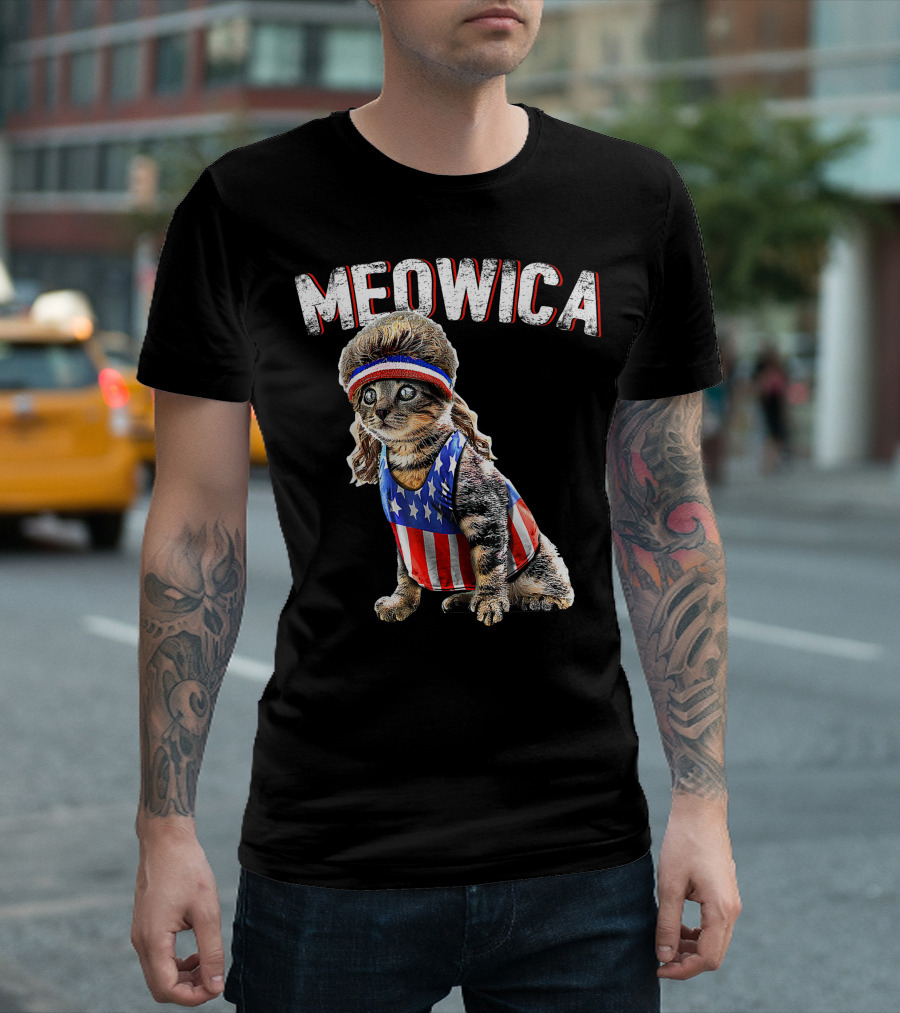 Meowica Cat American Flag Mullet Patriotic 4th of July T-Shirt