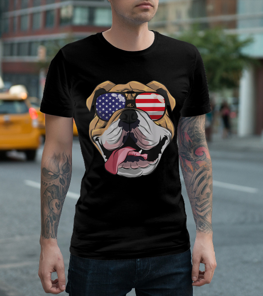 English Bulldog With American Flag Sunglasses For 4th Of July USA T-Shirt