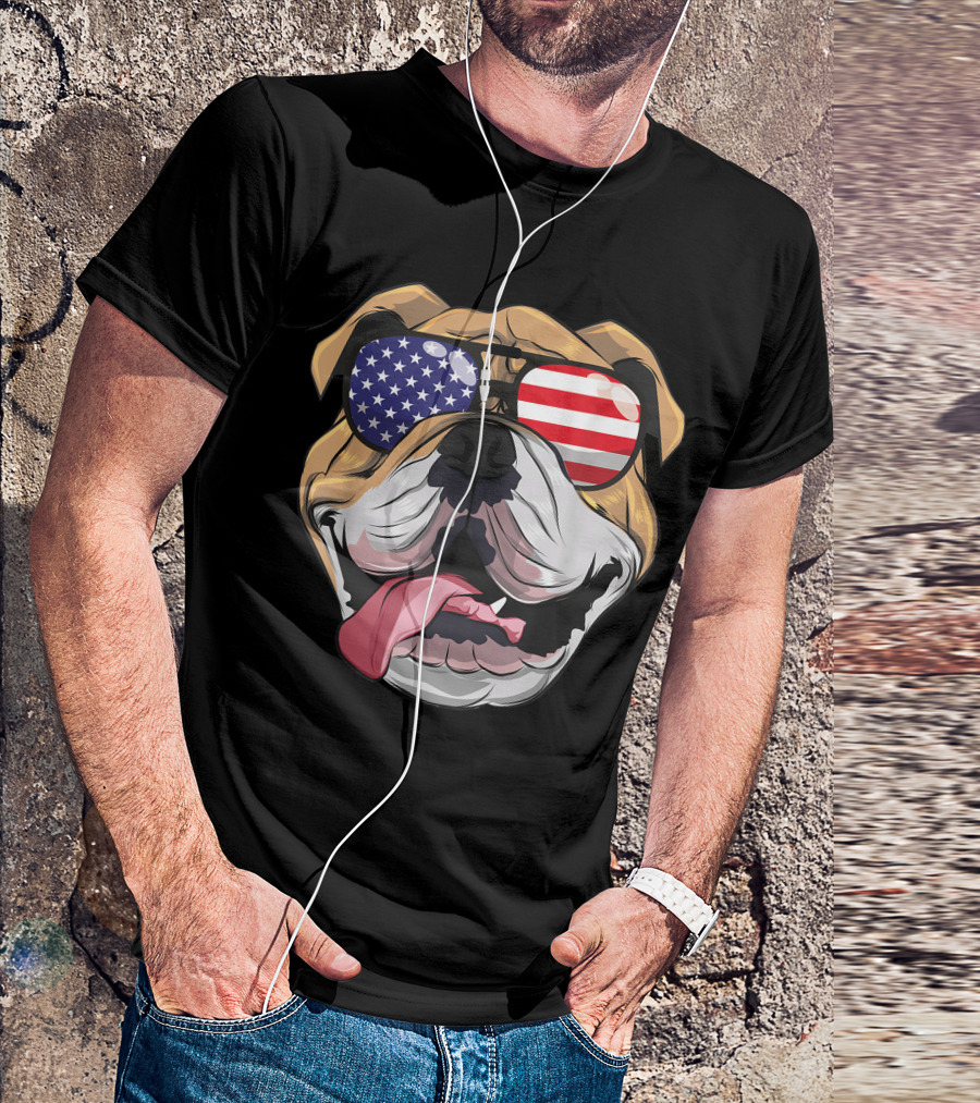 English Bulldog With American Flag Sunglasses For 4th Of July USA T-Shirt