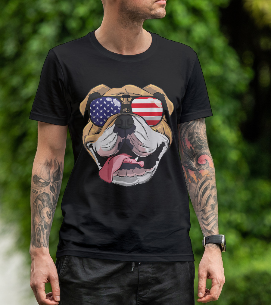 English Bulldog With American Flag Sunglasses For 4th Of July USA T-Shirt