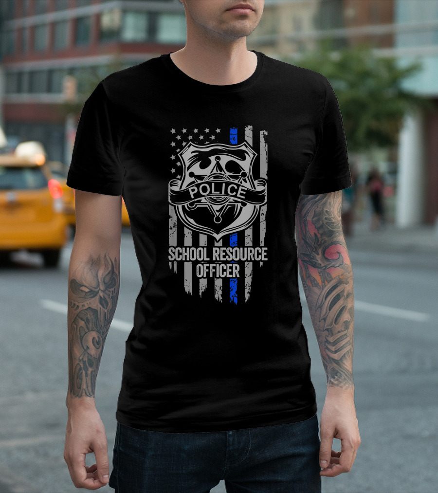 Police Badge American Flag Blue Thin Line School Resource Officer T-Shirt