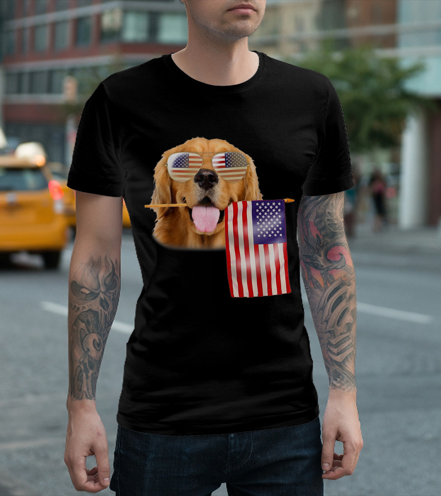 Patriotic Golden Retriever With American Flag Sunglasses For 4th Of July Lovers T-Shirt