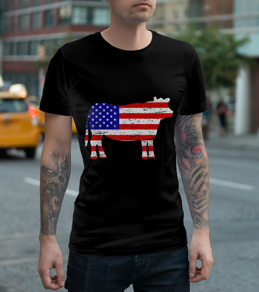 American USA Flag Cow Patriotic 4th Of July Farm T-Shirt