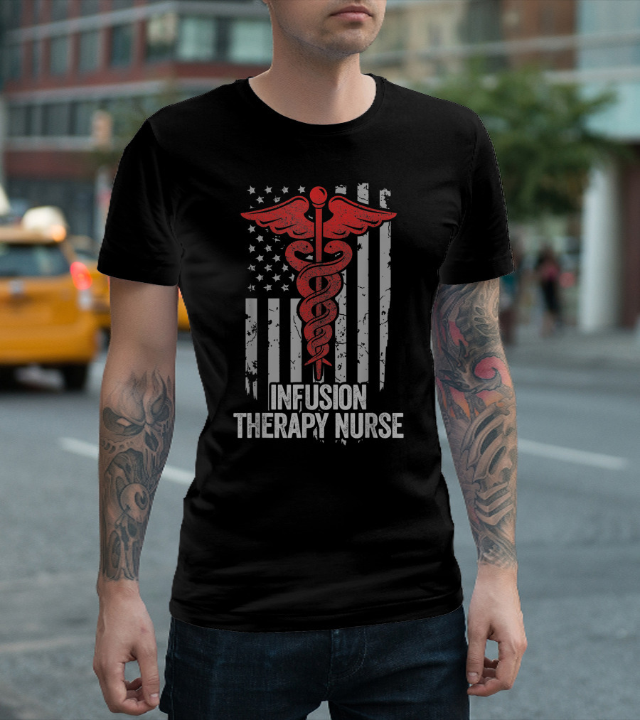 Infusion Therapy Nurse American Flag Caduceus Emblem T-Shirt