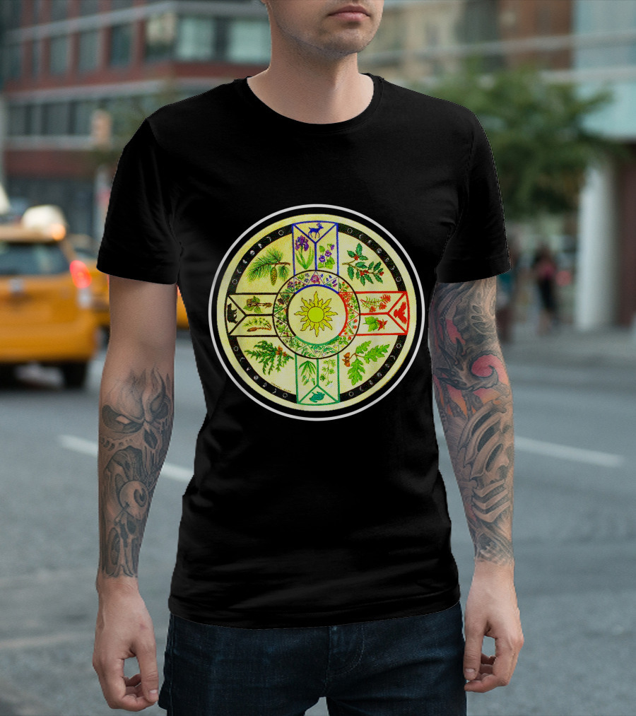 Native American Four Directions Herbal Medicine Wheel with Sun and Plant Symbols T-Shirt