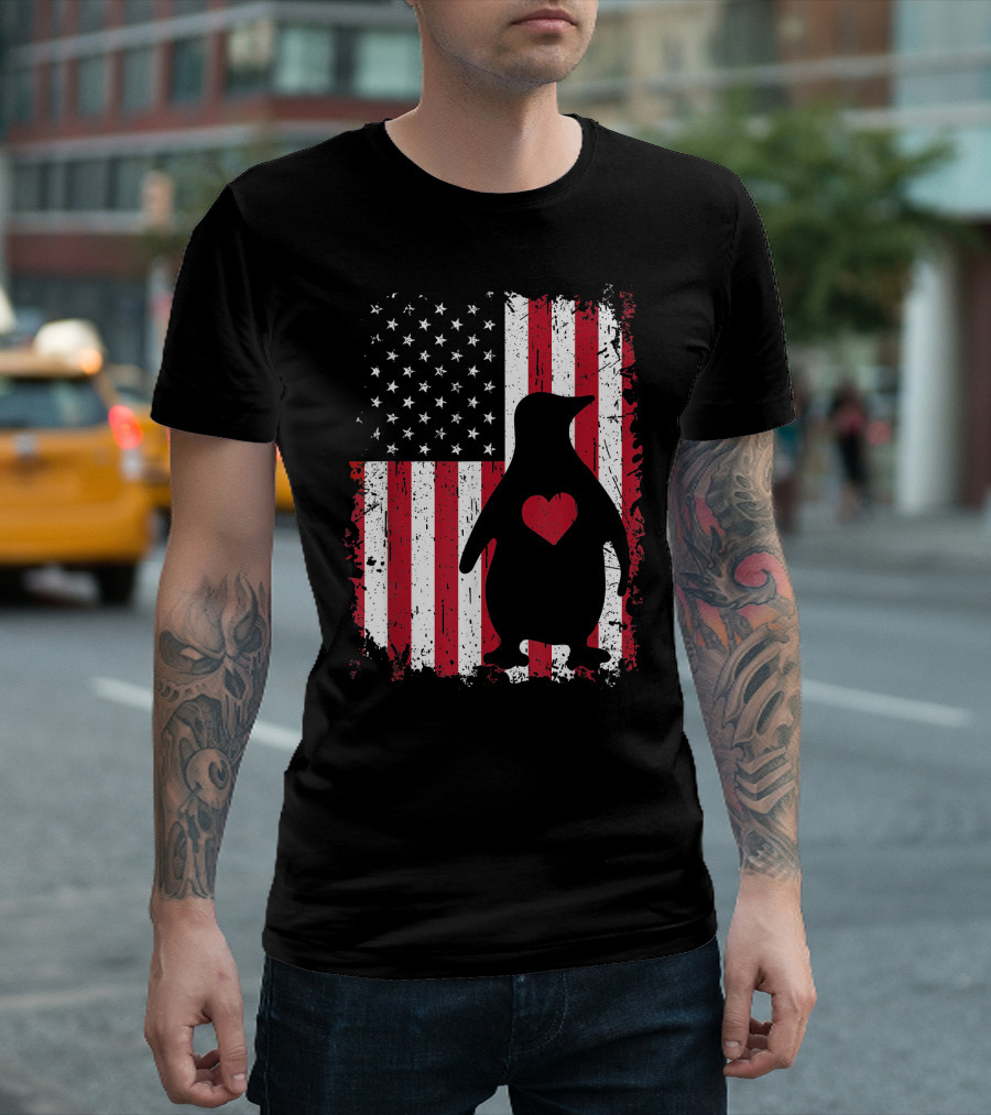 Penguin Heart 4th Of July American USA Flag Patriotic T-Shirt