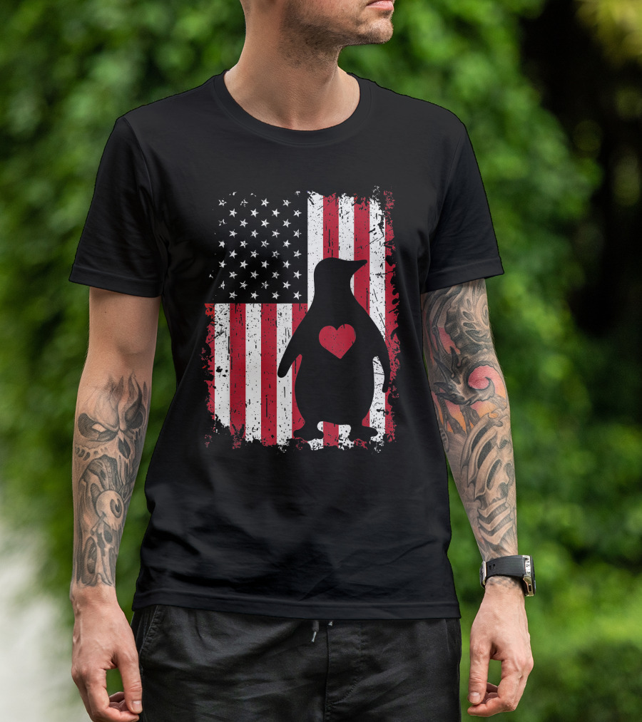 Penguin Heart 4th Of July American USA Flag Patriotic T-Shirt