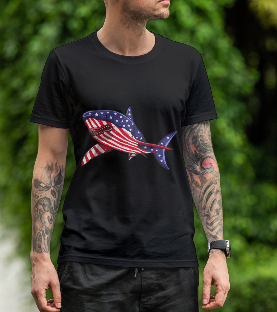 Shark American Flag Jawsome 4th Of July T-Shirt