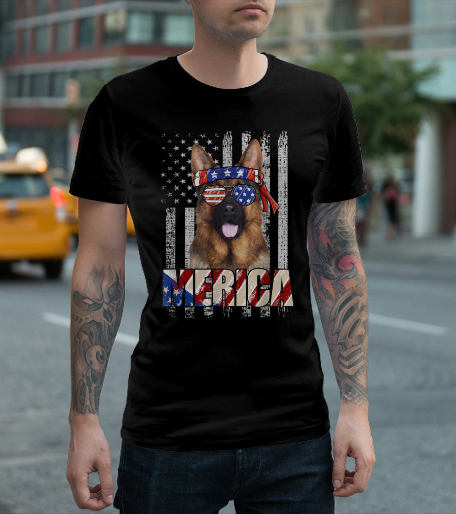 German Shepherd American Flag USA Merica Patriotic 4th of July T-Shirt