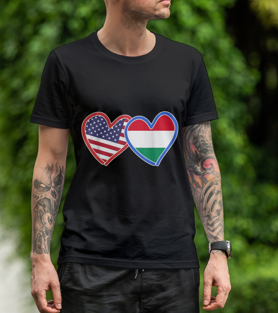 Hungarian American Heart Flags Featuring Hungary And America Symbols T-Shirt