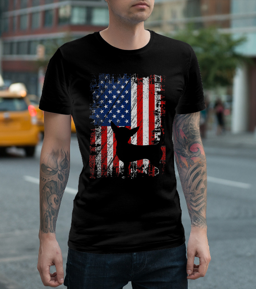 Chihuahua Silhouette On Distressed American Flag USA Patriotic Dog T-Shirt