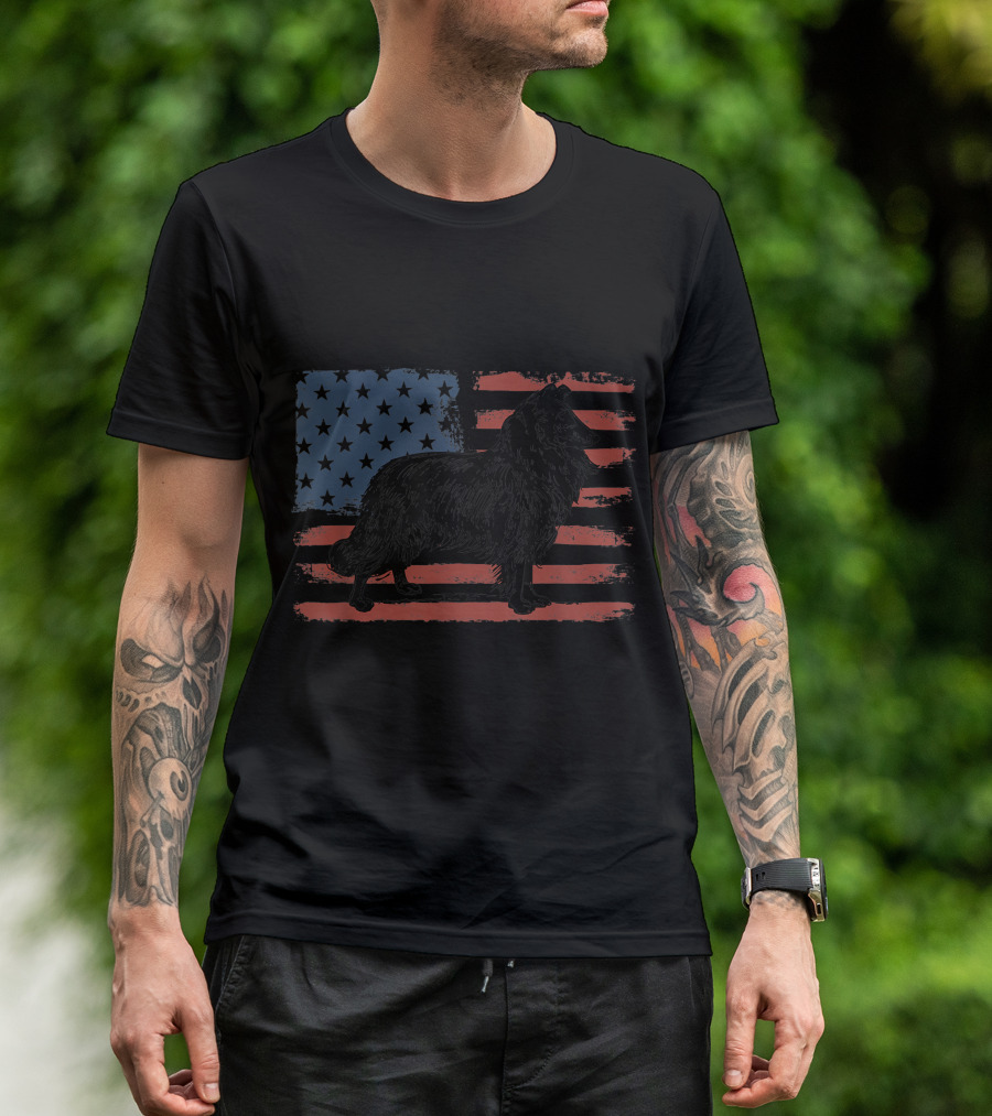 Rough Collie Silhouette On Grunge American Flag Patriotic Dog Father T-Shirt