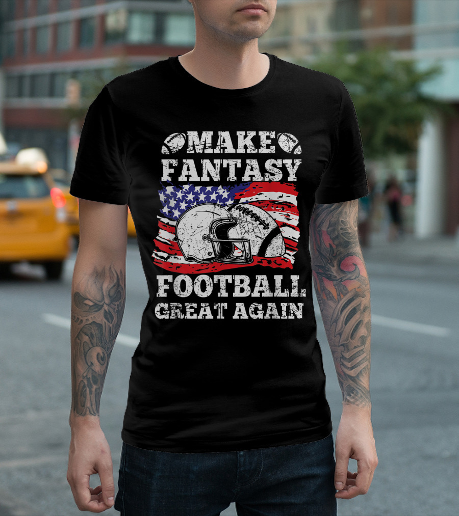 Make Fantasy Football Great Again Funny Trump American Flag Football Helmet and Stars T-Shirt