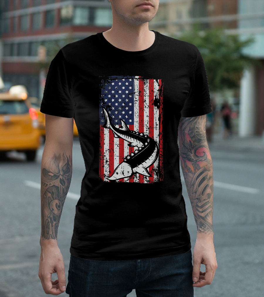 4Th Of July American Flag Sturgeon Fishing Dad Grandpa Flag Patriotic T-Shirt