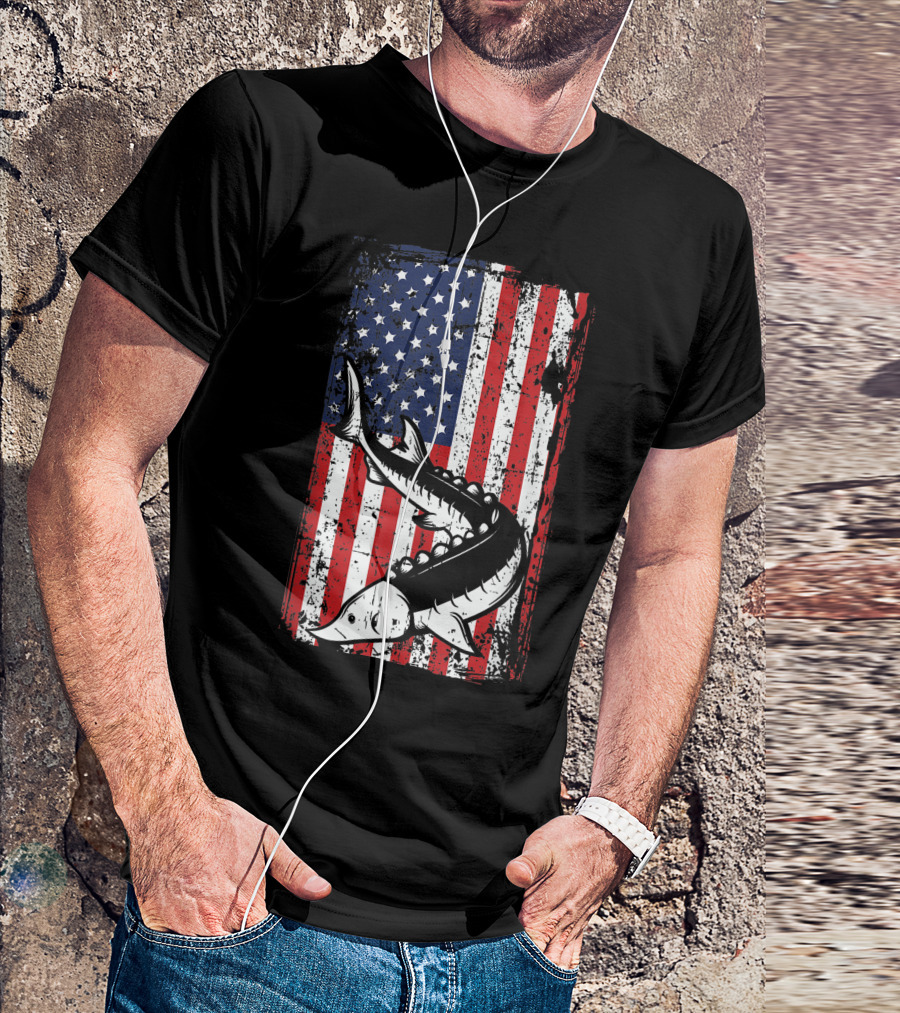 4Th Of July American Flag Sturgeon Fishing Dad Grandpa Flag Patriotic T-Shirt