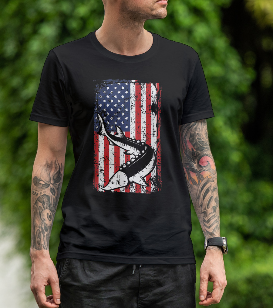 4Th Of July American Flag Sturgeon Fishing Dad Grandpa Flag Patriotic T-Shirt