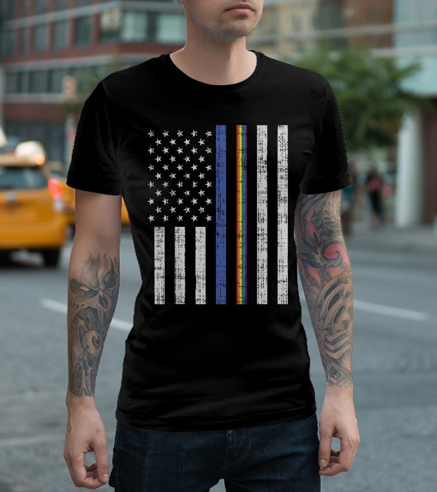 LGBT Thin Blue Line Rainbow American Flag Representation For Gay Police T-Shirt