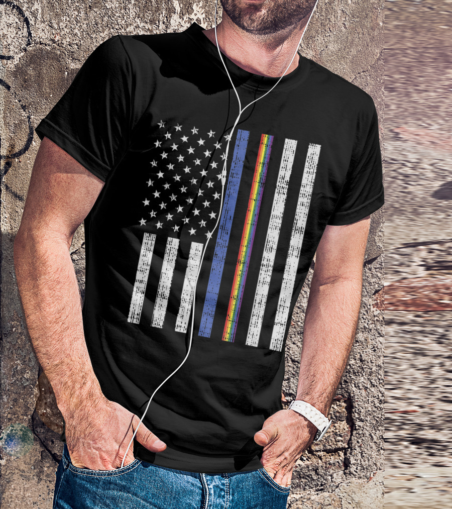 LGBT Thin Blue Line Rainbow American Flag Representation For Gay Police T-Shirt
