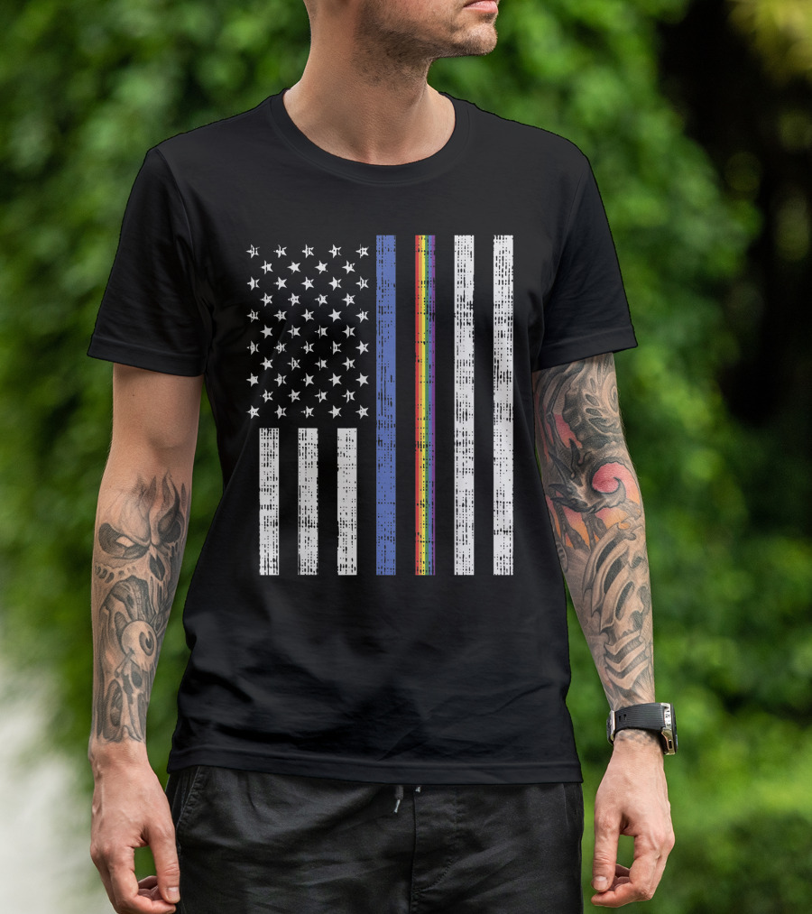 LGBT Thin Blue Line Rainbow American Flag Representation For Gay Police T-Shirt