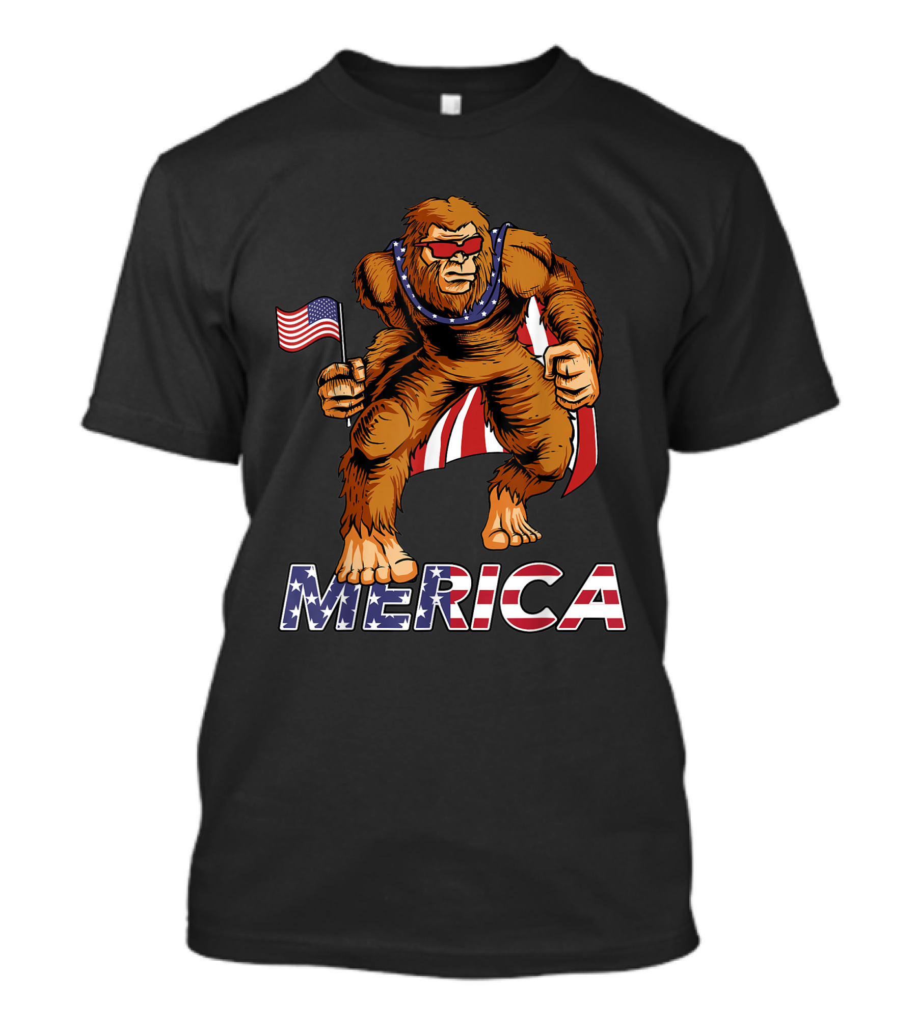 Bigfoot Merica American Flag Sunglasses Cape USA 4th Of July T-Shirt