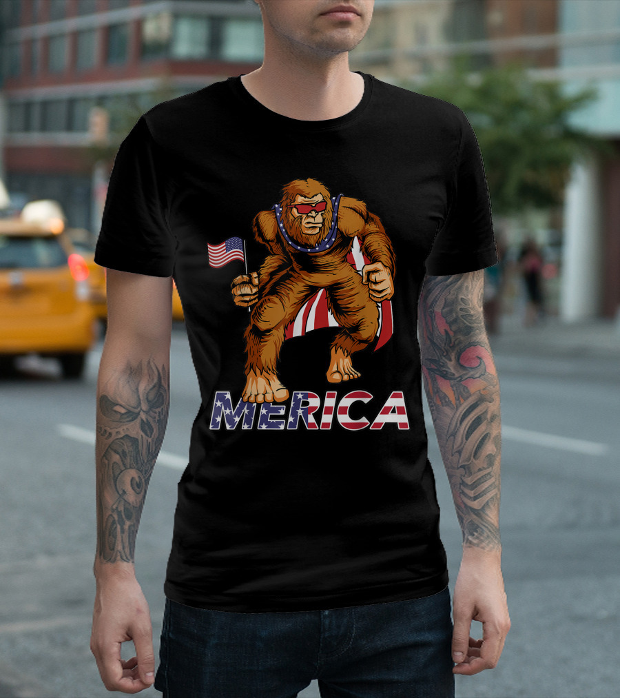 Bigfoot Merica American Flag Sunglasses Cape USA 4th Of July T-Shirt