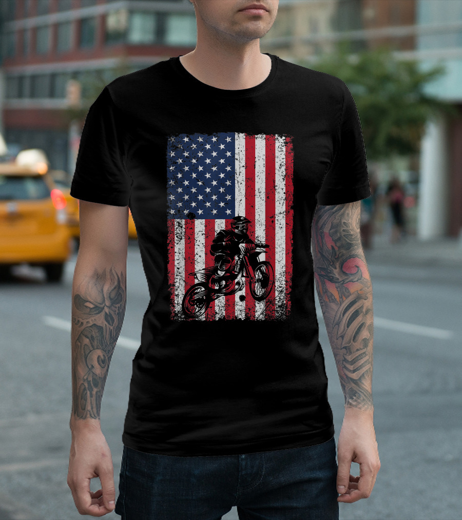 Dirt Bike American Flag Motocross 4th Of July Ride T-Shirt
