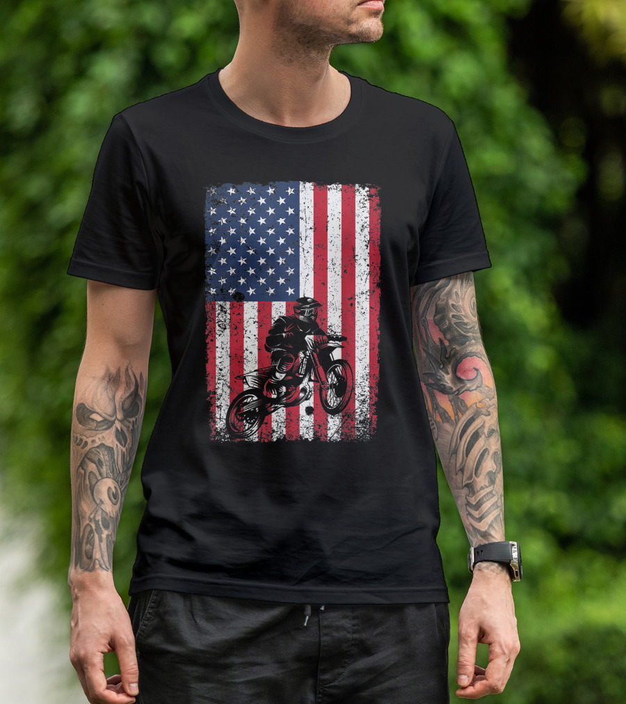 Dirt Bike American Flag Motocross 4th Of July Ride T-Shirt