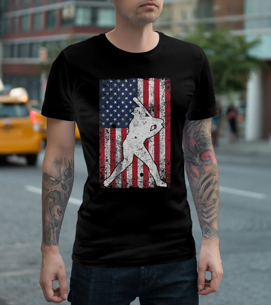 American Flag Baseball Batter Silhouette 4th July Patriotic T-Shirt