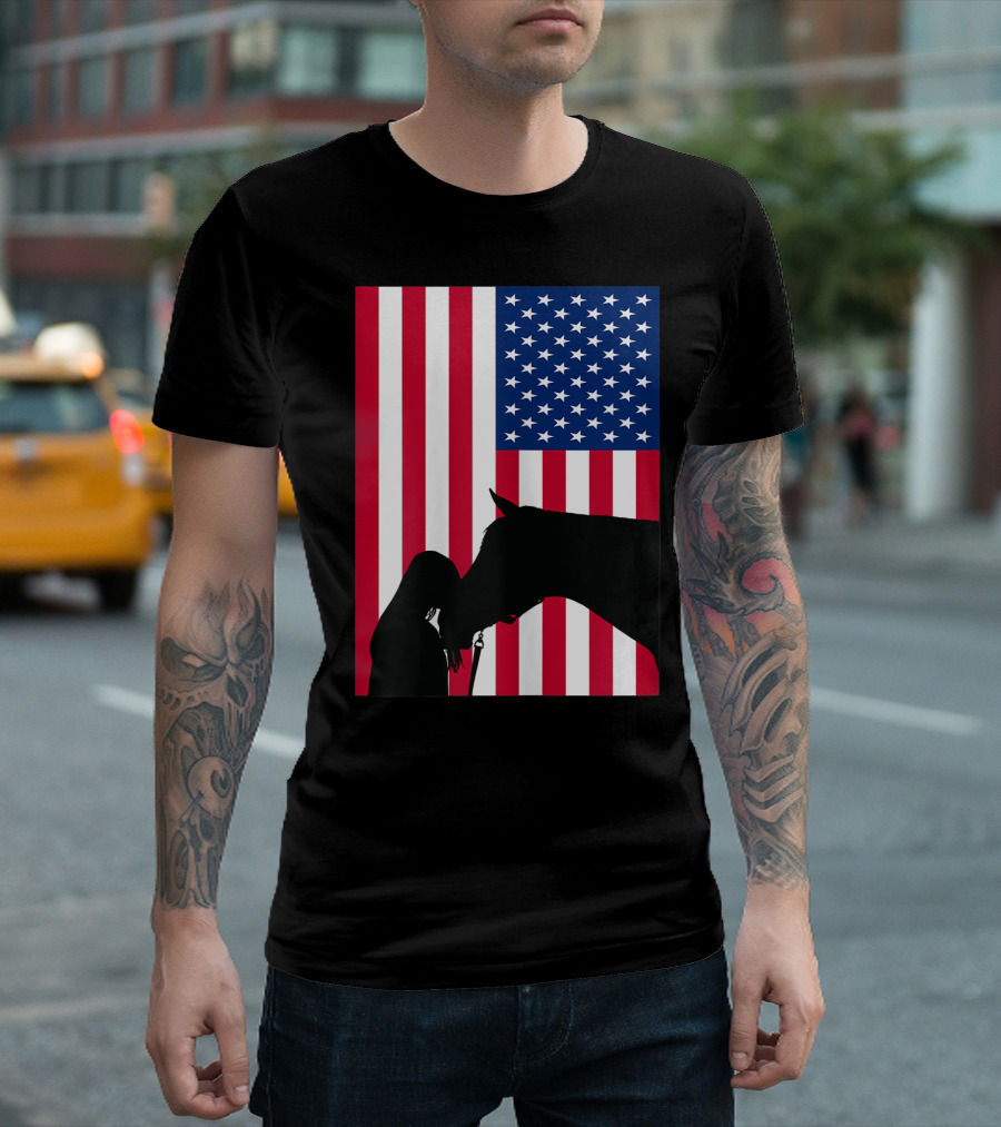 Horse Lovers American Flag Girl With Horse 4th of July T-Shirt