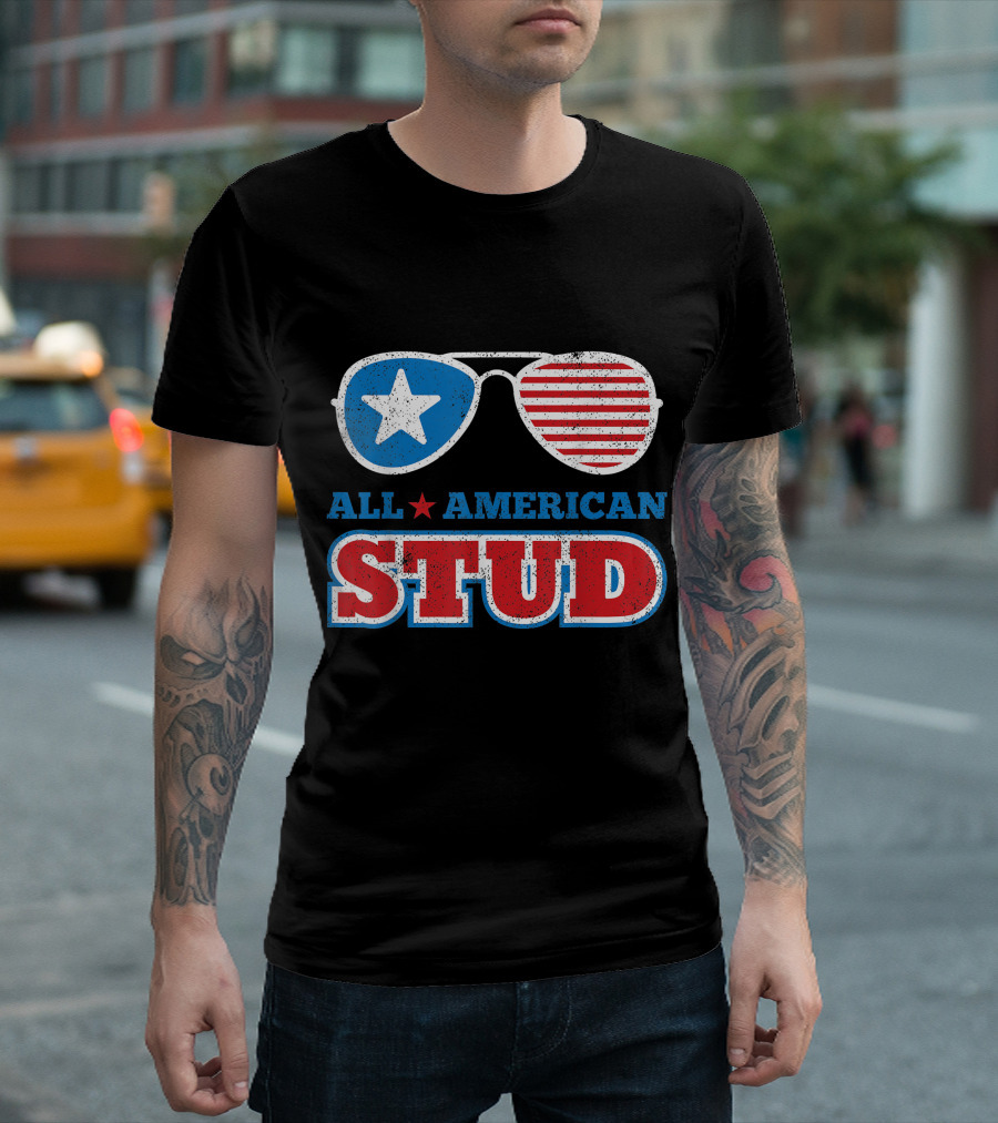 All American Stud Patriotic Sunglasses Star and Stripes 4th of July Independence Day T-Shirt