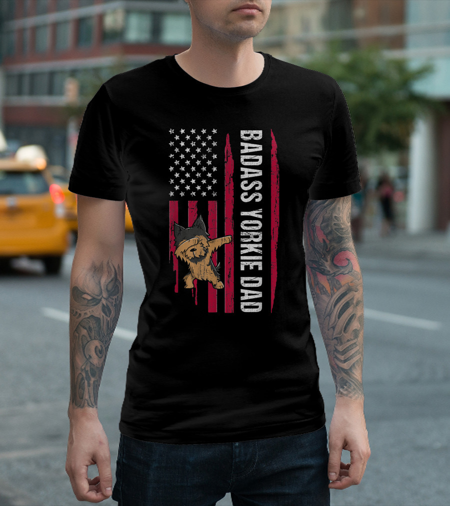 Badass Yorkie Dad Dabbing American Flag 4th of July T-Shirt