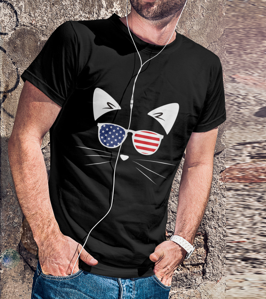 American Flag Cat Wearing Patriotic Sunglasses T-Shirt