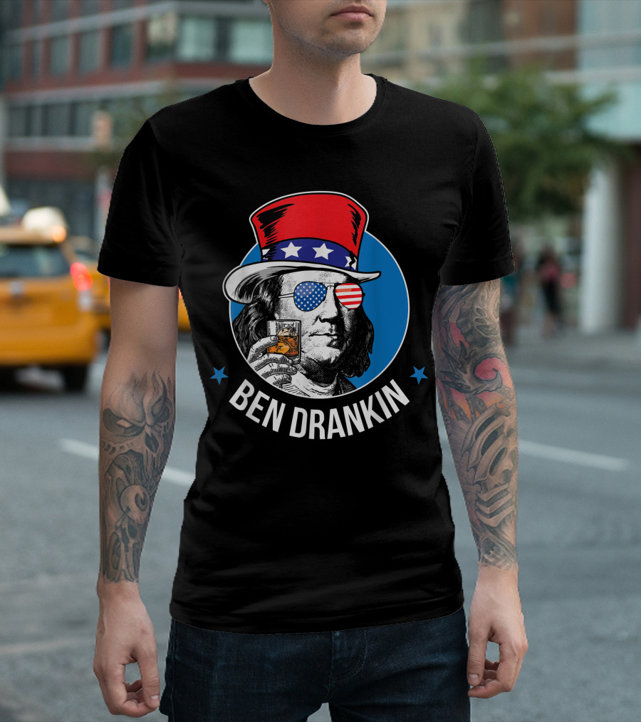 Ben Drankin Benjamin Franklin 4th of July American Flag Hat and Glasses T-Shirt