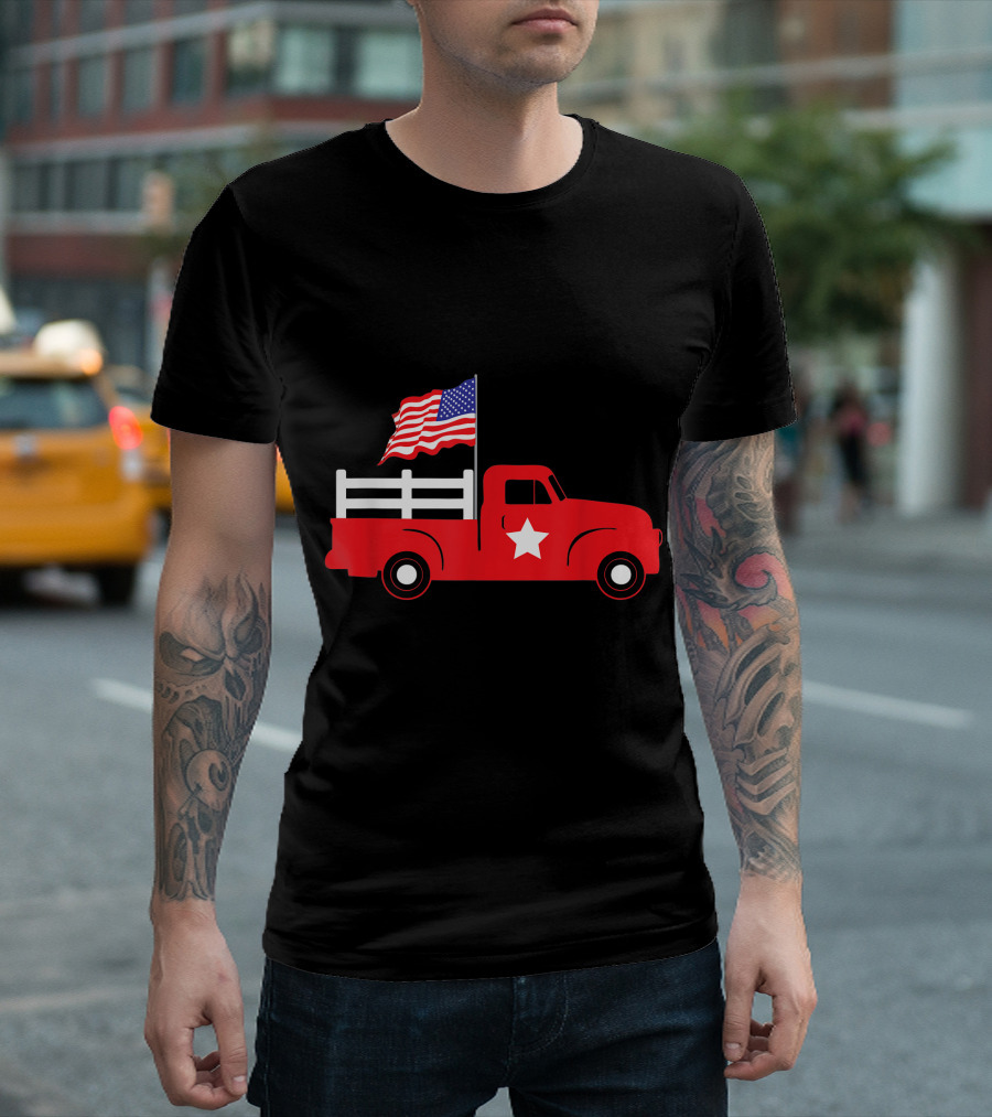 Vintage Red Truck with American Flag for Kids 4th of July Toddler Boy T-Shirt