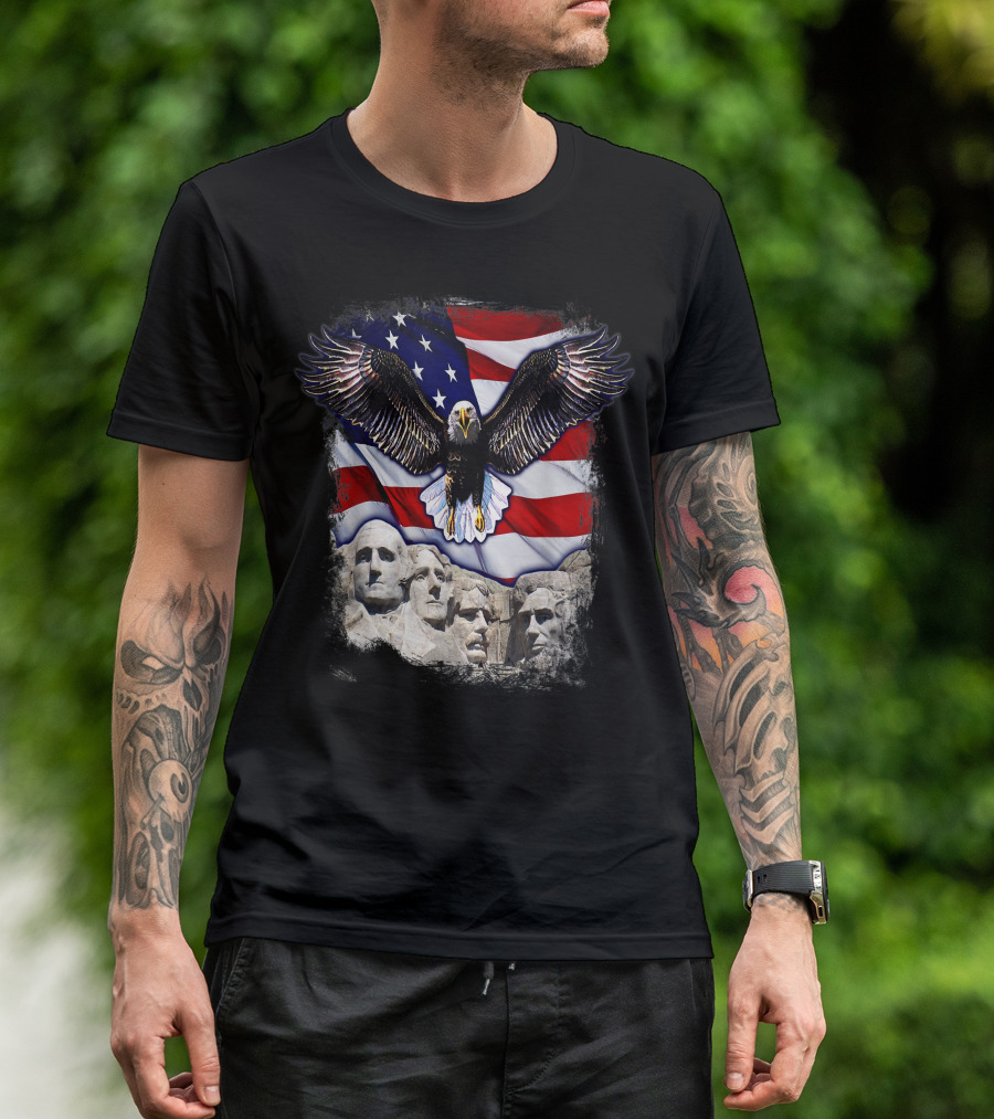 American Bald Eagle And Mount Rushmore With U.S. Flag 4th Of July Merica T-Shirt