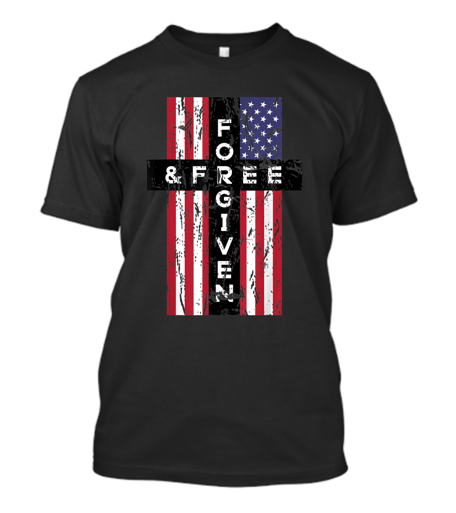 Forgiven And Free Cross On Vintage American Flag Christian T-Shirt