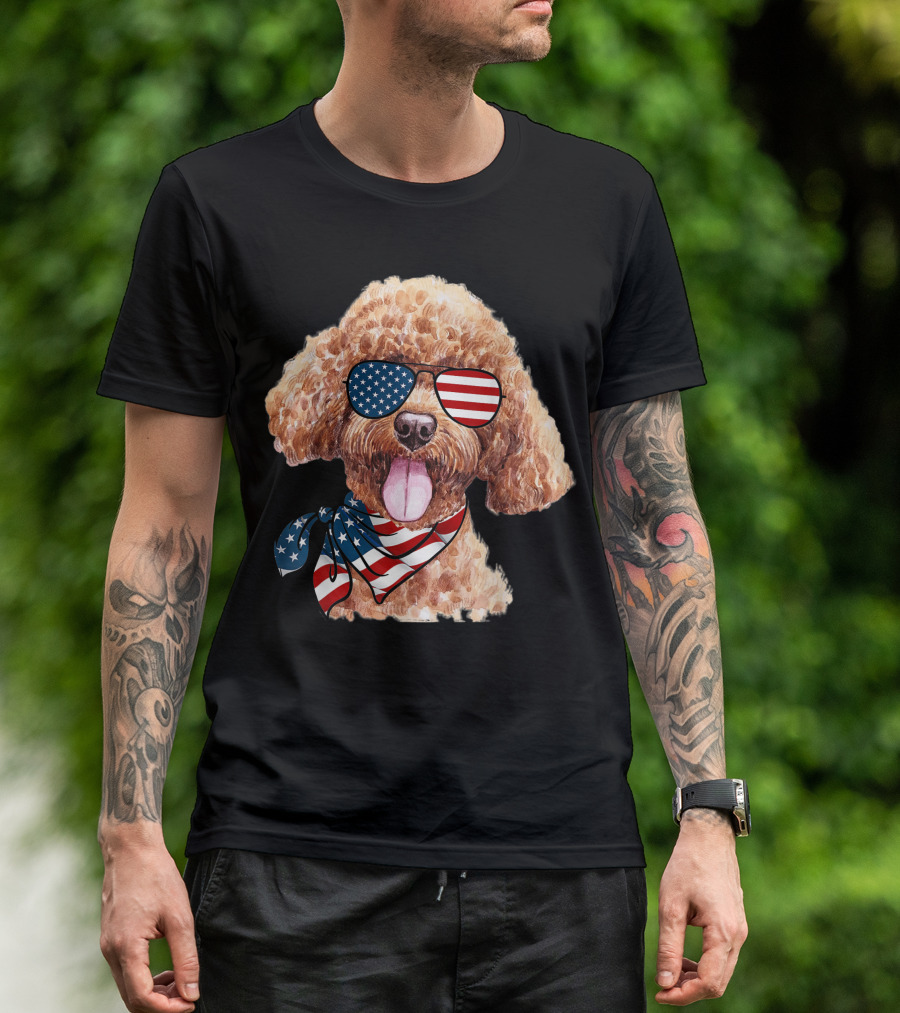 Patriotic Poodle Wearing American Flag Sunglasses And Scarf For 4th Of July T-Shirt