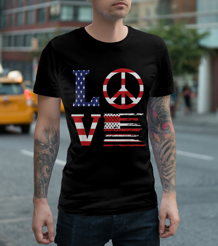 Love With American Flag And Peace Sign 4th Of July T-Shirt