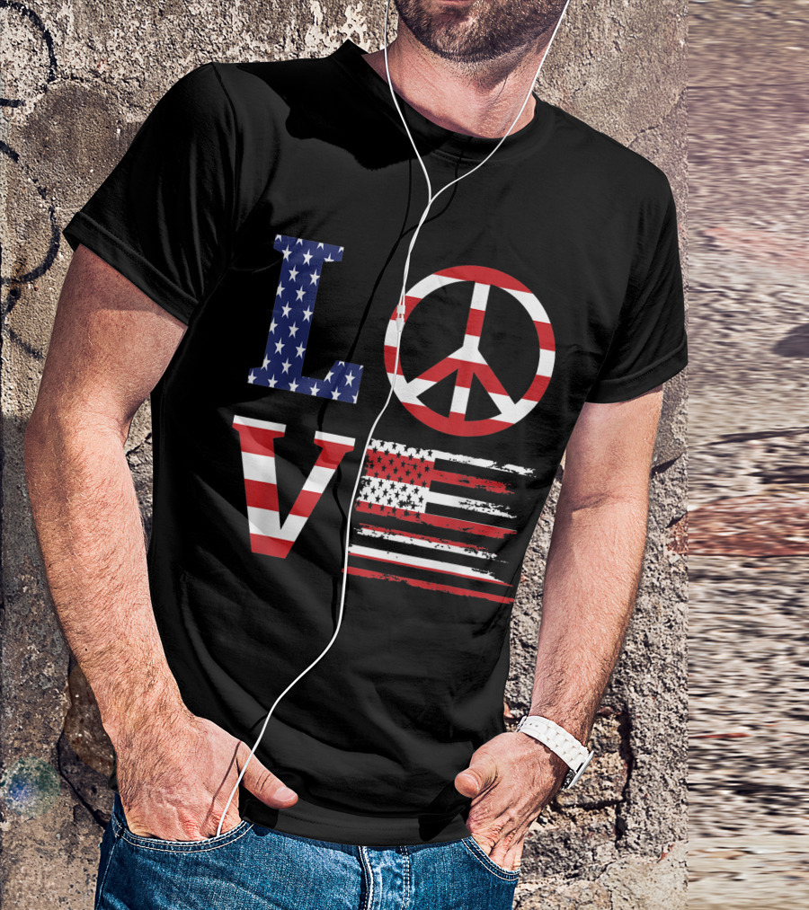 Love With American Flag And Peace Sign 4th Of July T-Shirt