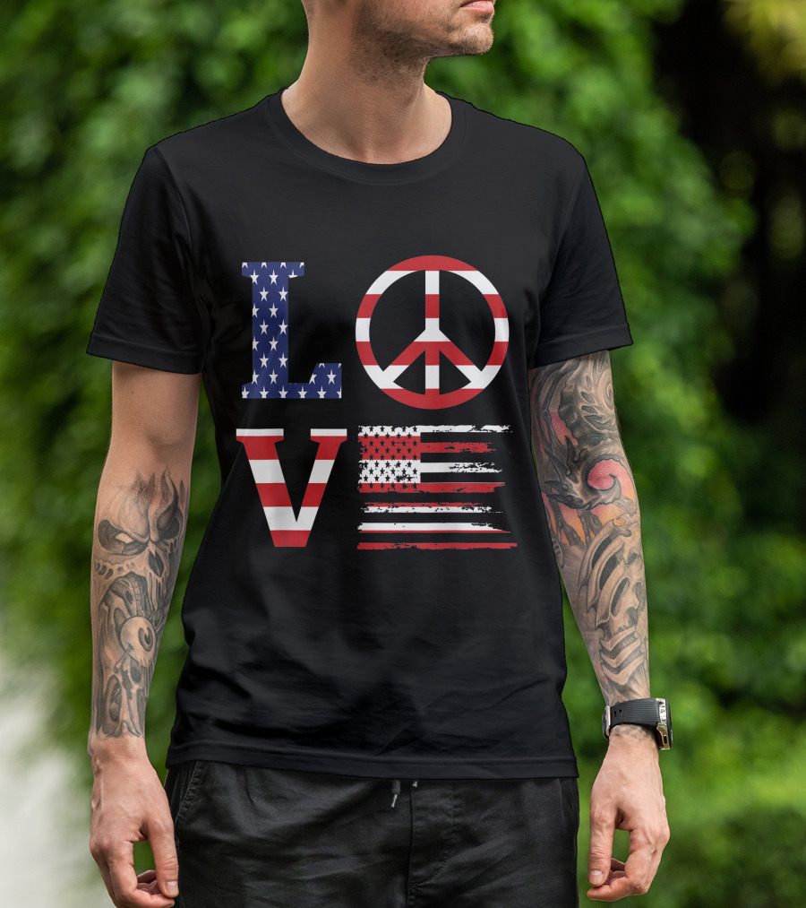 Love With American Flag And Peace Sign 4th Of July T-Shirt