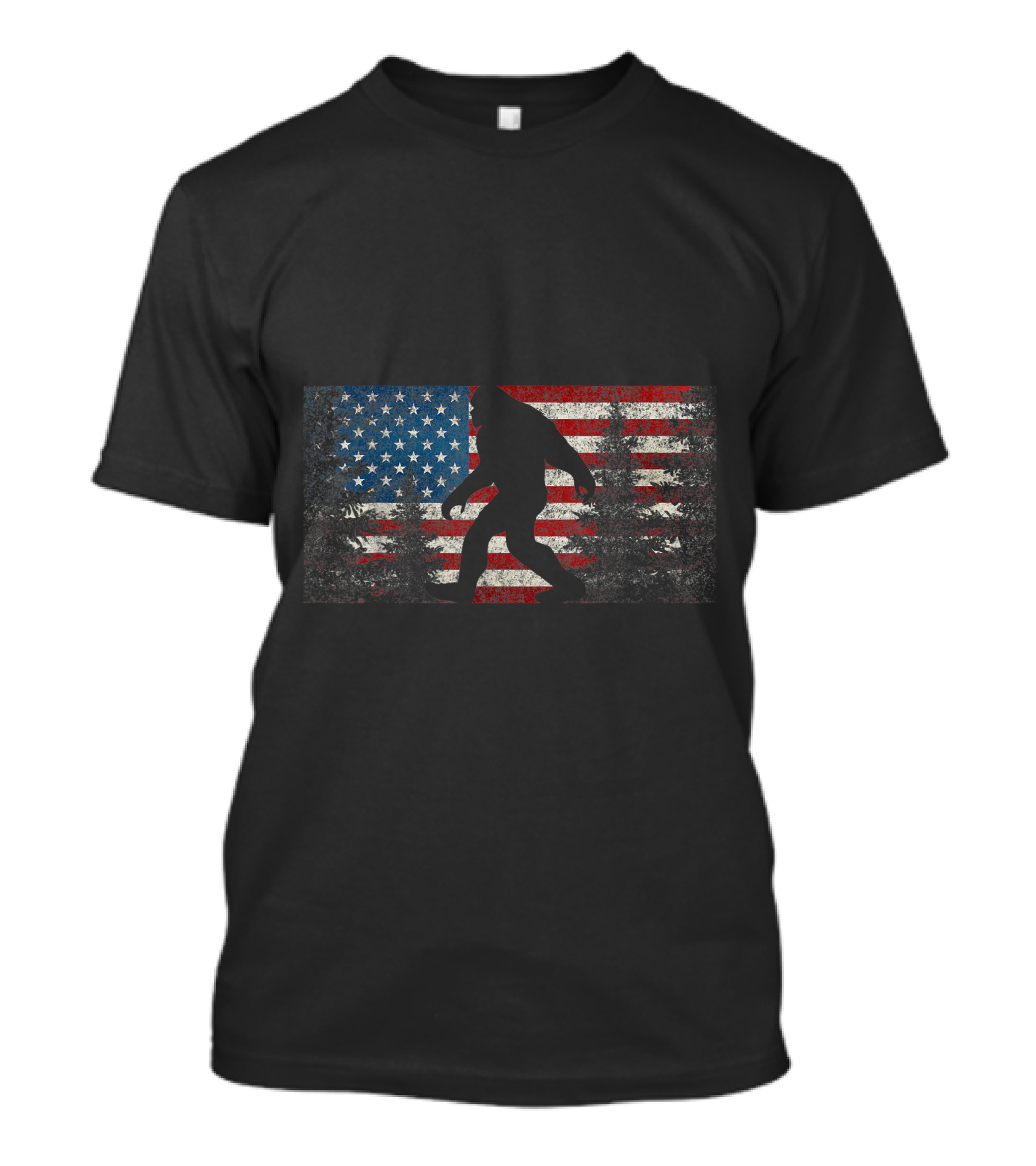 American Flag Bigfoot Evergreen Trees 4th Fourth Of July T-Shirt