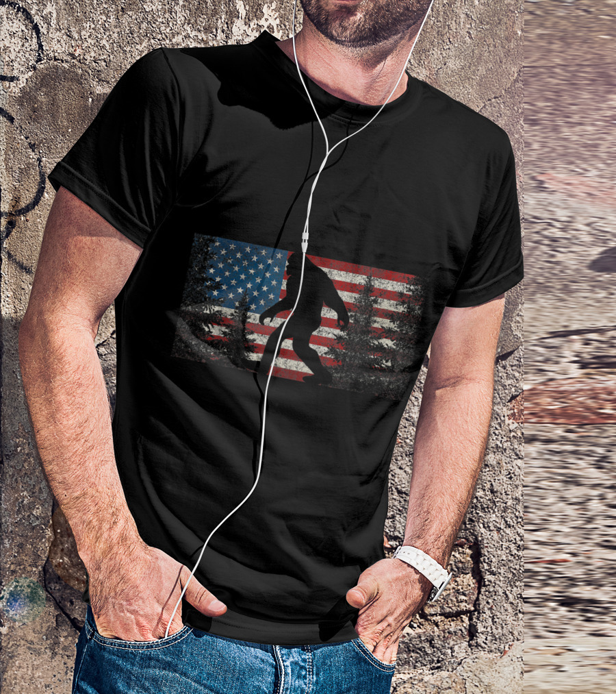 American Flag Bigfoot Evergreen Trees 4th Fourth Of July T-Shirt